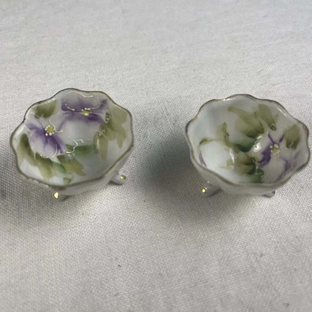 PAIR HAND PAINTED  SALT CELLAR DIPS-LAVENDER FLOWERS - GREEN-GOLD TRIM - FOOTED